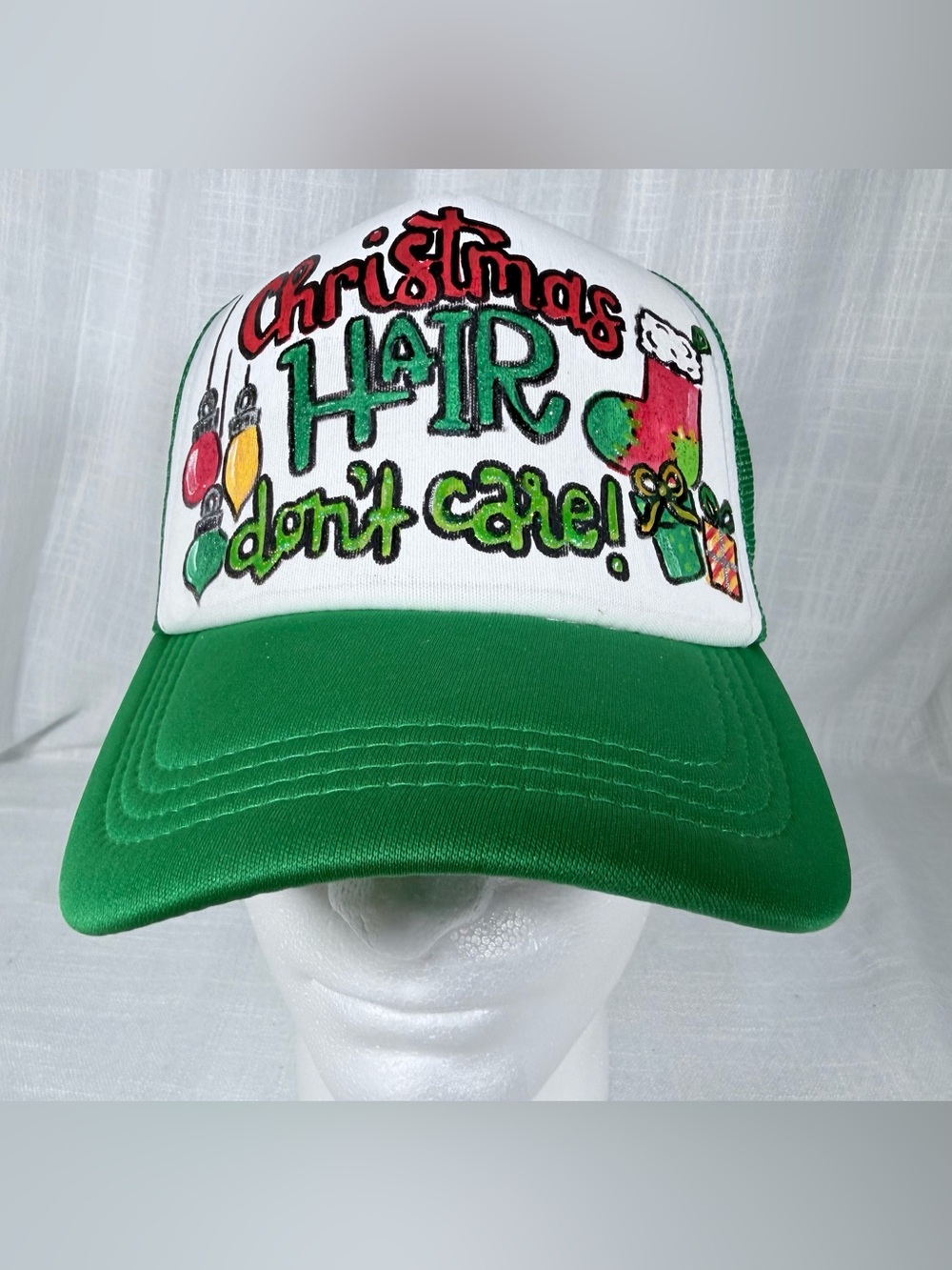 Custom Hand Painted Christmas Hair Dont Care Hat Green Trucker Mesh Cap NWT Hobb